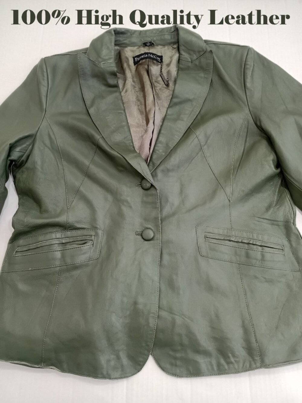 Pamela McCoy Genuine Leather Blazer Jacket Button Up Olive Green Women 1X New
